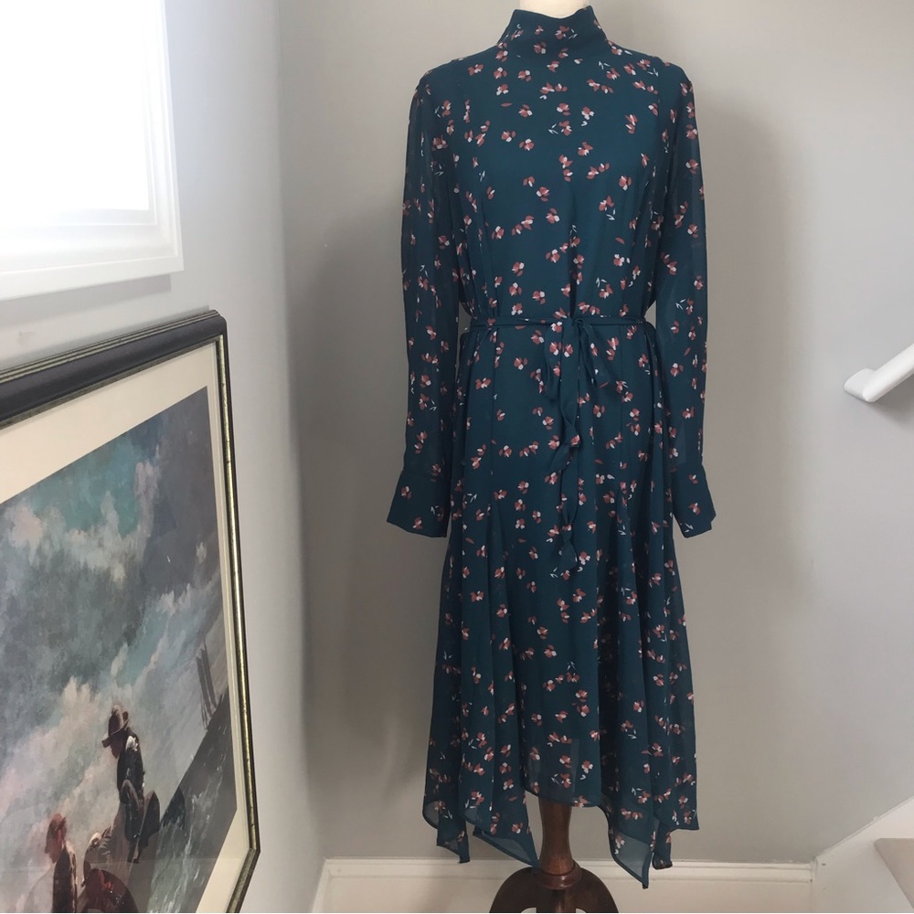DKNY-DONNA KAREN Dress Handkerchief Hem High Neck Belted Green Floral Sz 16 - Picture 2 of 13